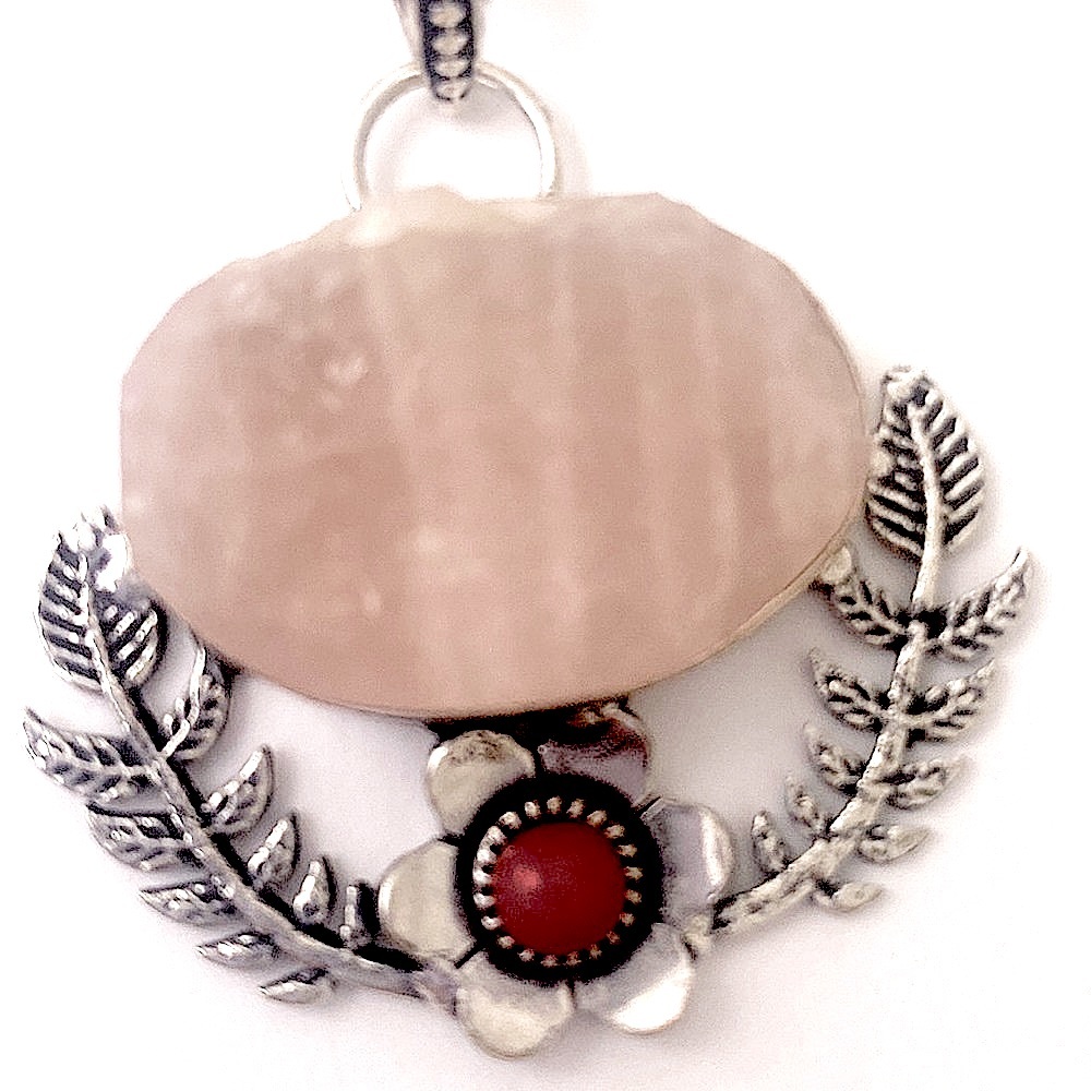 new , 2 inch, rough, Rose Quartz and coral silver pendant on pretty silver chain